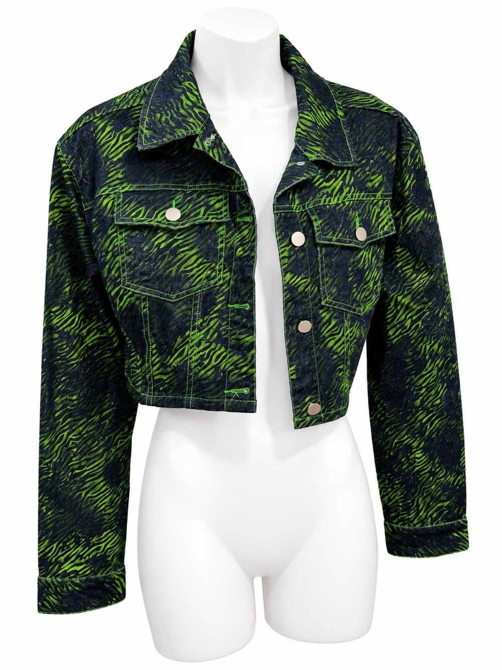I.AM.GIA Cropped Zebra-Print Denim Jacket in Green and Black